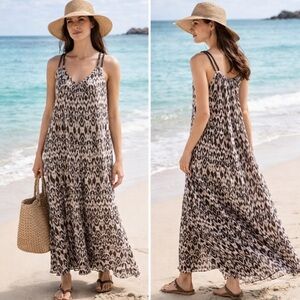 Garnet Hill Cotton Gauze Ikat Maxi Cover Up Dress Brown Cream Sleeveless~S🧡